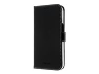 Insmat Exclusive - Lommebok for mobiltelefon - ekte skinn, kartong+papir+aluminiumsfolie - svart - for Apple iPhone 15 Pro 650-3186