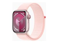 Apple Watch Series 9 (GPS + Cellular) - 41 mm - rosa aluminium - smartklokke med sportssløyfe - myk dobbeltlagsnylon - lys rosa - 64 GB - Wi-Fi, Bluetooth, UWB, LTE - 4G - 32.1 g MRJ13DH/A