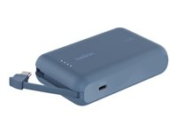 Belkin BoostCharge - Strømbank - med integrert kabel - 10000 mAh - 20 watt - 3 A - Fast Charge - 2 utgangskontakter (24 pin USB-C) - blå BPB021HQBL