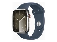 Apple Watch Series 9 (GPS + Cellular) - 45 mm - sølv rustfritt stål - smartklokke med sportsbånd - fluorelastomer - stormblå - båndbredde: M/L - 64 GB - Wi-Fi, Bluetooth, UWB, LTE - 4G - 51.5 g MRMP3DH/A