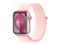Apple Watch Series 9 (GPS) - 41 mm - rosa aluminium - smartklokke med sportssløyfe - myk dobbeltlagsnylon - lys rosa - 64 GB - Wi-Fi, Bluetooth, UWB - 31.9 g MR953DH/A