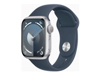 Apple Watch Series 9 (GPS) - 41 mm - sølvaluminium - smartklokke med sportsbånd - fluorelastomer - stormblå - båndbredde: S/M - 64 GB - Wi-Fi, Bluetooth, UWB - 31.9 g MR903DH/A
