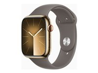 Apple Watch Series 9 (GPS + Cellular) - 45 mm - gyllen rustfritt stål - smartklokke med sportsbånd - fluorelastomer - leire - båndbredde: S/M - 64 GB - Wi-Fi, Bluetooth, UWB, LTE - 4G - 51.5 g MRMR3DH/A