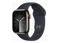 Apple Watch Series 9 (GPS + Cellular) - 41 mm - rustfritt grafittstål - smartklokke med sportsbånd - fluorelastomer - midnatt - båndbredde: M/L - 64 GB - Wi-Fi, Bluetooth, UWB, LTE - 4G - 42.3 g MRJ93DH/A