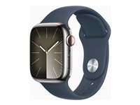 Apple Watch Series 9 (GPS + Cellular) - 41 mm - sølv rustfritt stål - smartklokke med sportsbånd - fluorelastomer - stormblå - båndbredde: M/L - 64 GB - Wi-Fi, Bluetooth, UWB, LTE - 4G - 42.3 g MRJ33DH/A